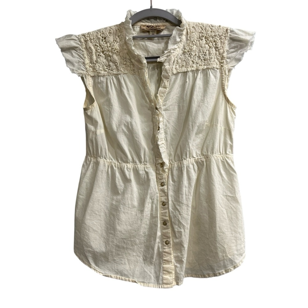 Vac Top White Pearl Snap Front Blouse Lace Trim‎ Size XS Western Cowgirl Rodeo